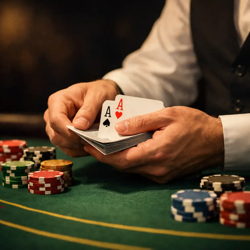 Ręce krupiera rozdającego karty na stole do blackjacka