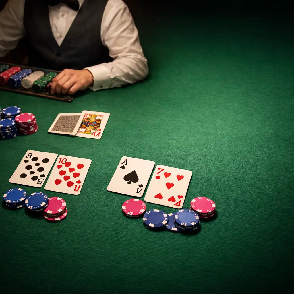 Stół do blackjacka z kartami i żetonami w kolorach kobaltu i fuksji