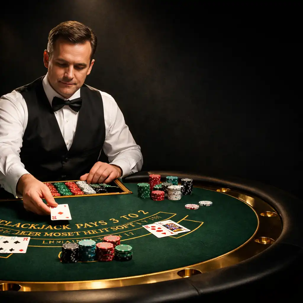 Stół do blackjacka z kartami i żetonami, krupier rozdający karty w eleganckim otoczeniu