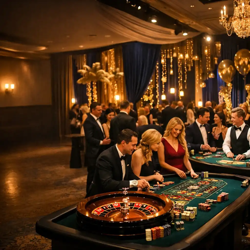 Elegancka sala eventowa z profesjonalnymi stołami do ruletki i blackjacka, ciepłe oświetlenie i dekoracje w kolorach złota i granatu