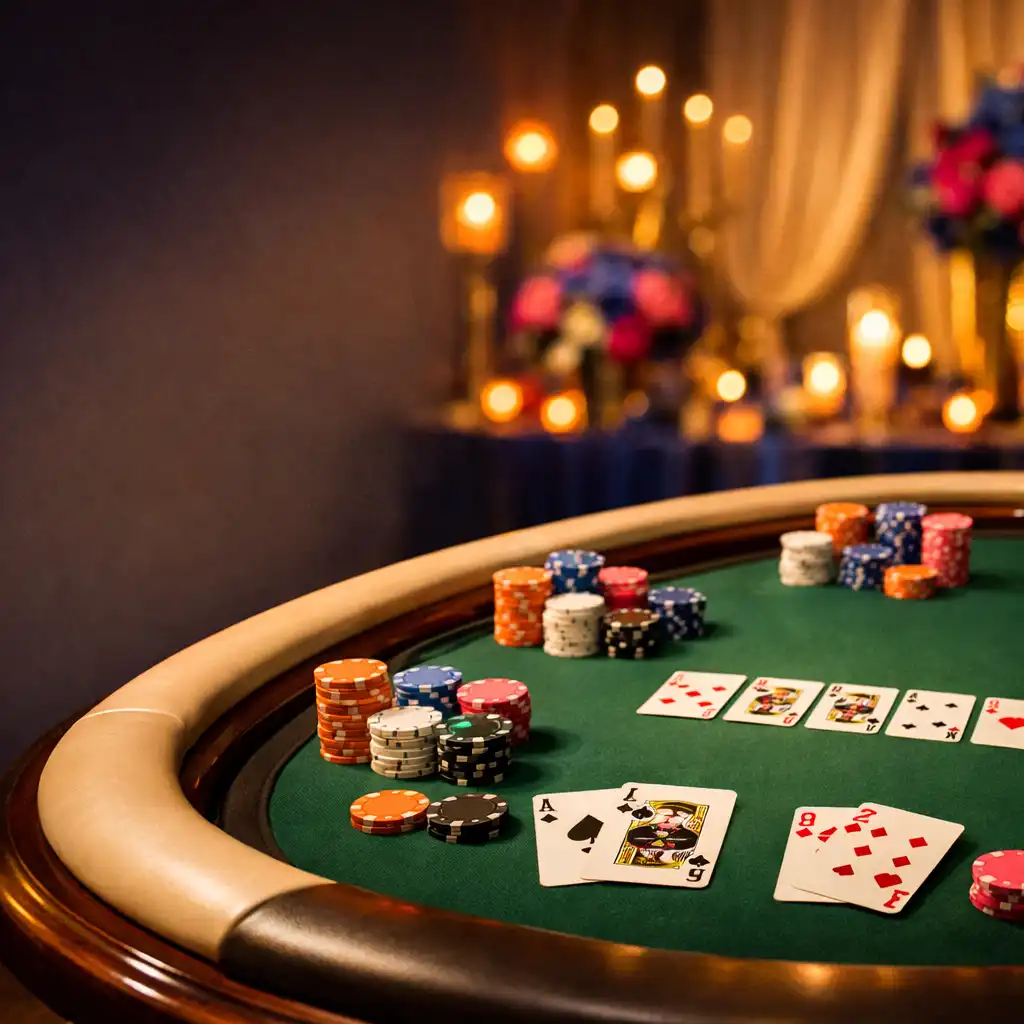 Profesjonalny stół pokerowy z kartami i żetonami w eleganckim wnętrzu