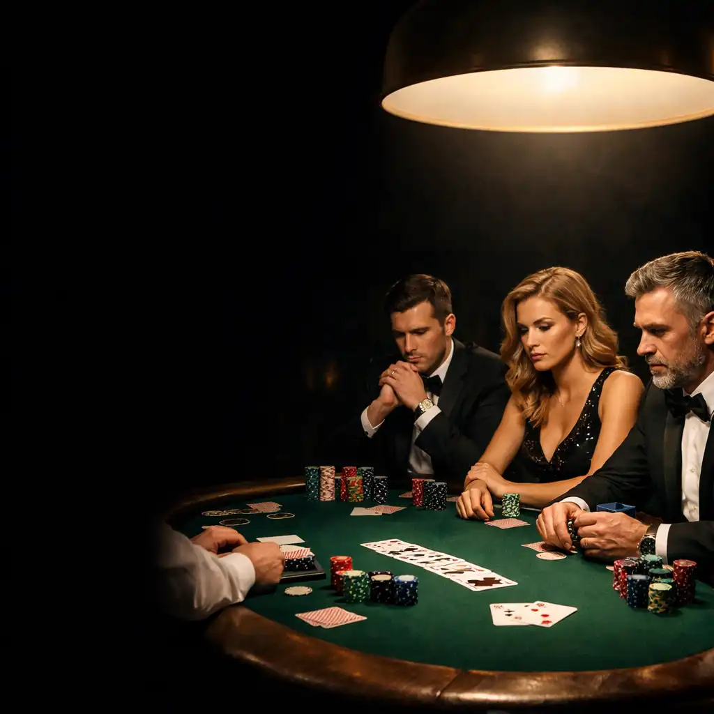 Profesjonalny stół pokerowy z kartami i żetonami, gracze w eleganckich strojach podczas turnieju