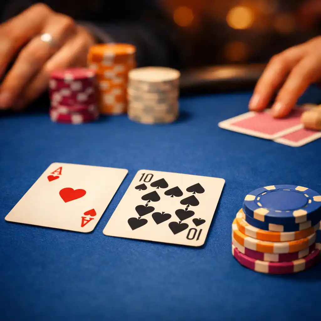 Zbliżenie na karty i żetony na fizycznym stole pokerowym