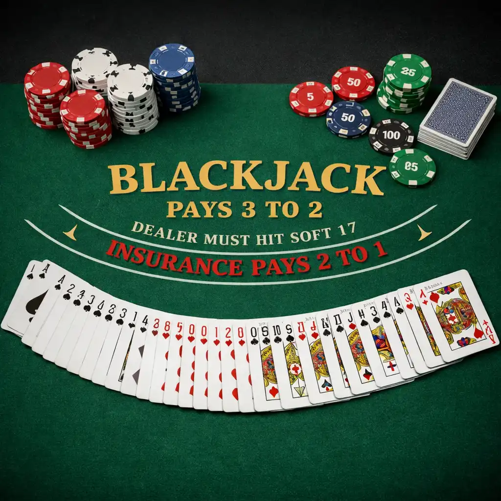 Stół do blackjacka z kartami i żetonami